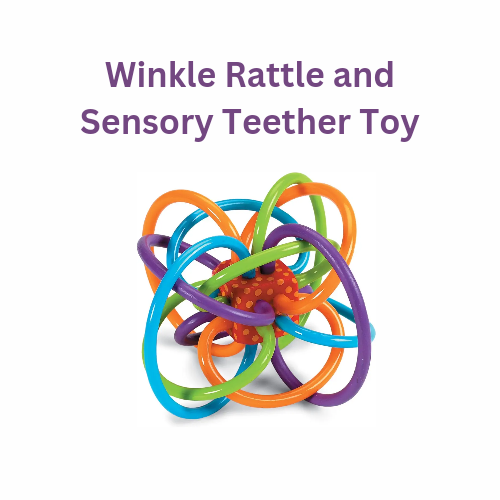 Baby teething toys. Winkle rattle and sensory teether toy